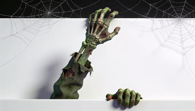 creepy zombie hand peaking over white blank sign board frame with copy space, halloween monster skeleton arm grabbing border behind cobwebs backgroundzombie hand, halloween background, zombie arm, cop