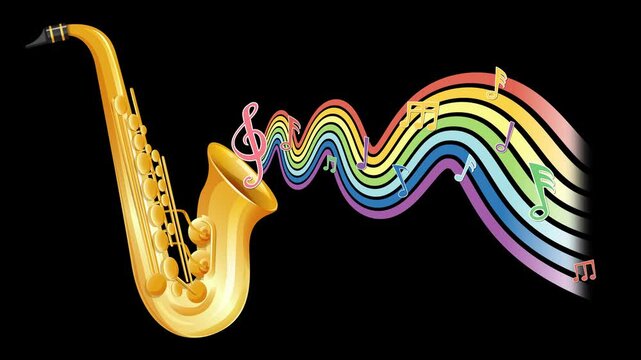 Golden saxophone plays music with rainbow sound waves and colorful notes dancing.