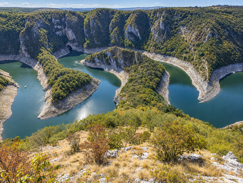 Uvac Canyon Landscape with Meandering River and Mountains in Serbia