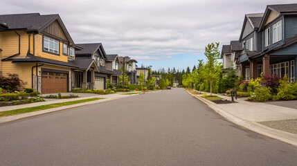 Obraz premium quiet modern suburban residential street with attractive contemporary family homes, mature landscaping, realistic neighborhood environment, natural daylight, 
