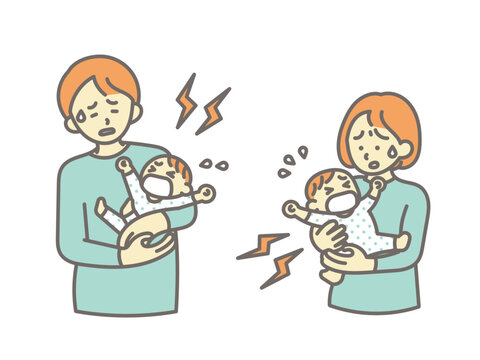 泣く、夜泣きをする赤ちゃんをあやすお父さんとお母さんのイラスト素材セット