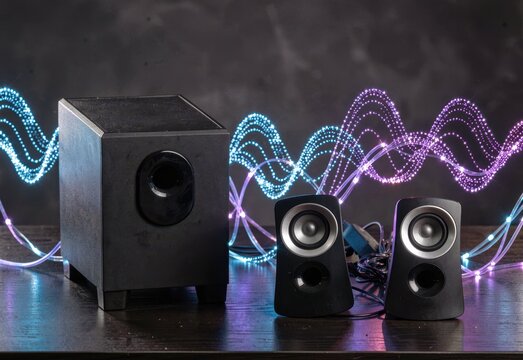 Modern computer audio system with subwoofer and glowing lights