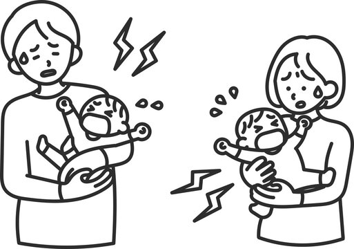 泣く、夜泣きをする赤ちゃんをあやすお父さんとお母さんのイラスト素材セット　線画のみ