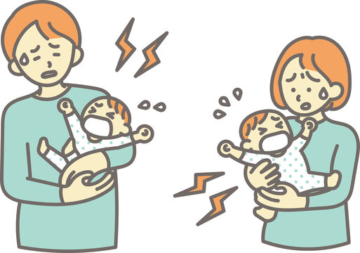 泣く、夜泣きをする赤ちゃんをあやすお父さんとお母さんのイラスト素材セット