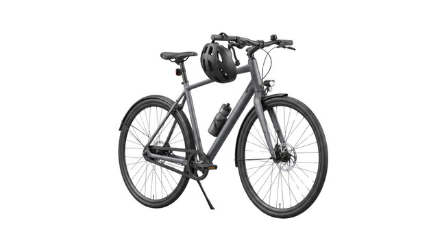 Modern matte black hybrid city bicycle with professional safety helmet included