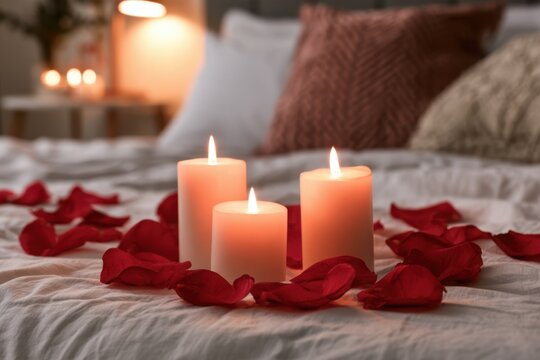 Three glowing candles surrounded by red rose petals on a softly textured bed with pillows and warm ambient lighting, creating a romantic bedroom still life scene