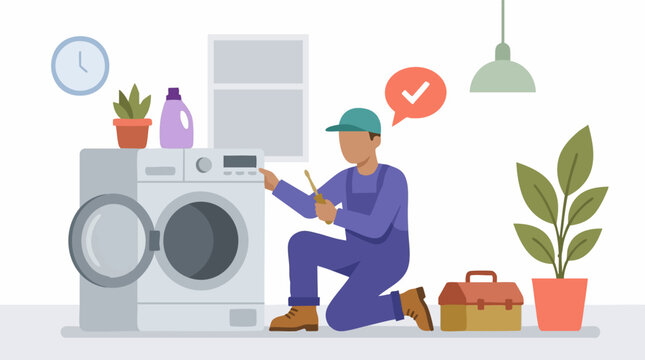 Home appliance repair, technician fixing a washing machine