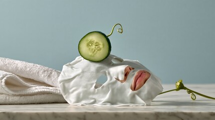 Humorous self-care photo: a white sheet face mask on a marble surface topped with a tiny cucumber slice that looks like a hat, on a soft pastel blue background.