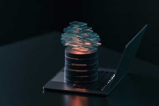 Glowing digital data layers hovering above cylindrical database on open laptop against dark reflective surface, futuristic technology concept with dramatic lighting, conceptual technology scene