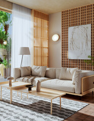 Obraz premium 3D rendering, 3d illustration, Large Luxury modern living room interior, brutalist architecture realistic lighting, Graphic Overlay wide angle, contemporary furniture, clean lines, minimalist decor,