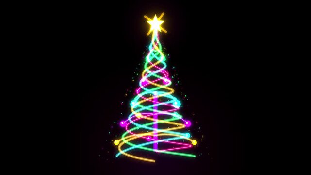 Colorful spiral christmas trees with bright stars on a black background festive holiday lighting