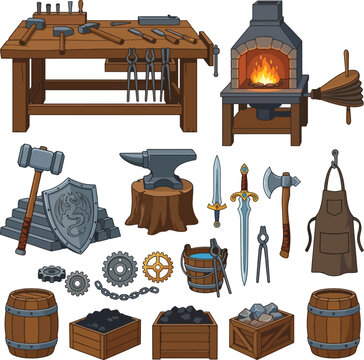 Blacksmith forge workshop tools anvil furnace vector illustration