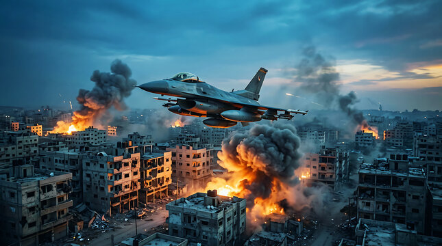 Military fighter jet bombing urban cityscape at dusk, cinematic aerial combat scene