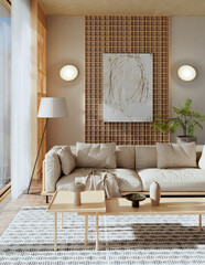 Obraz premium 3D rendering, 3d illustration, Large Luxury modern living room interior, brutalist architecture realistic lighting, Graphic Overlay wide angle, contemporary furniture, clean lines, minimalist decor,