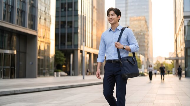 Cheerful Asian businessman walking outdoors along a modern city street with a shoulder bag during daytime commute