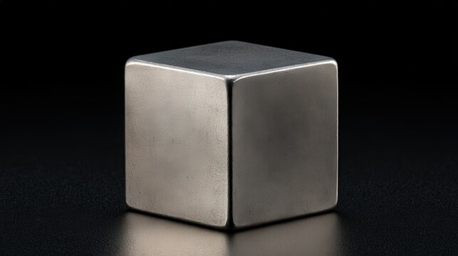 Small silvery metal cube with rounded edges and satin matte texture on dark glossy surface, premium studio industrial background