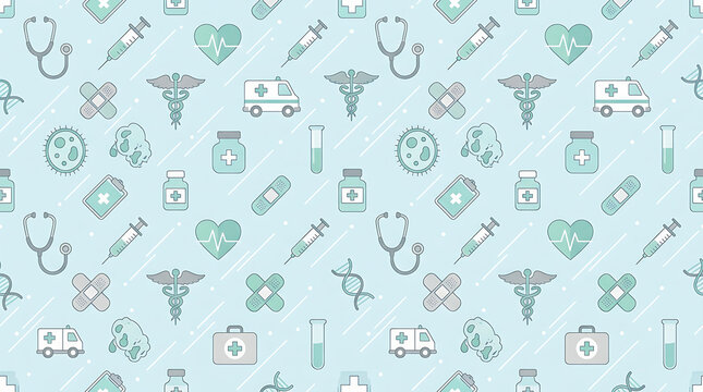 Medical icons pattern featuring stethoscopes syringes ambulances and various health equipment in flat vector style
