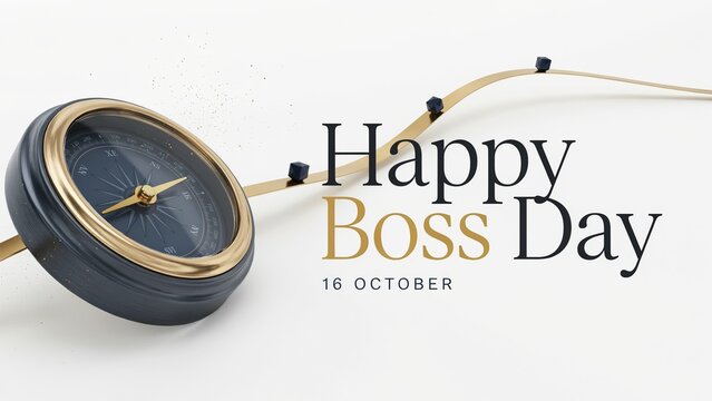 Happy Boss Day greeting with elegant compass on white background, 16 October professional celebration card, leadership and guidance concept