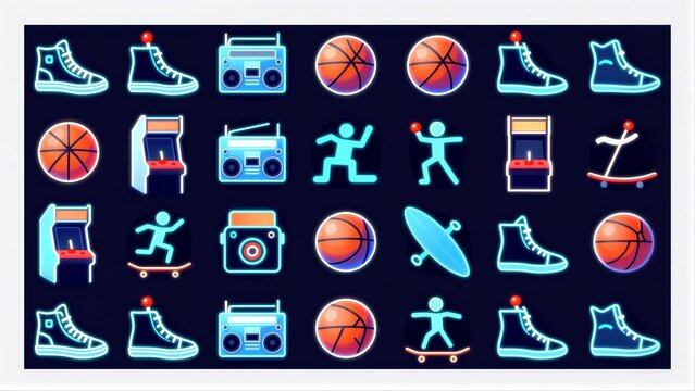 Neon-lit retro gaming icons: sneakers, arcade machines, basketballs, surfboards.