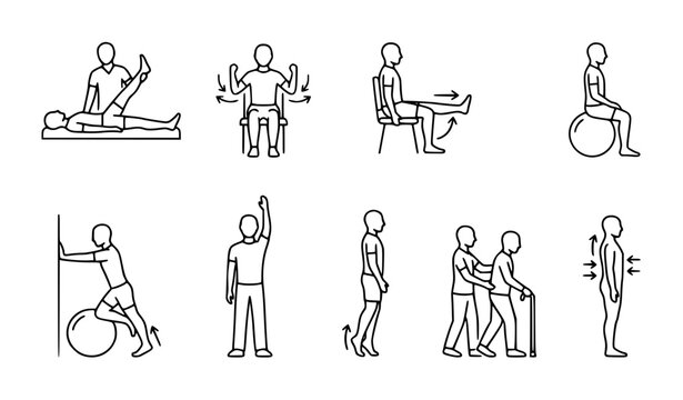 Physical rehabilitation movement and recovery exercise outline icons