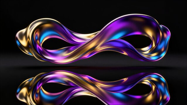 Shiny, colorful wave sculpture with reflective surface against black background.