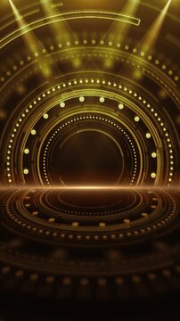 Golden circular glowing spotlights futuristic stage an empty central platform. Luxury motion, award ceremonies, product reveals, gala events, concerts, fashion shows, festive titles, premium branding.