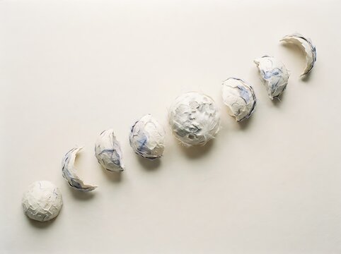 Paper moon phases arranged in a trajectory on a white surface