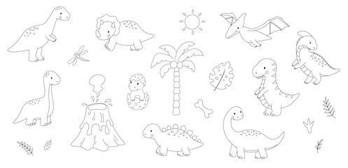 Cute dino coloring book page, cartoon outline dinosaurs set for activity for toddlers and kindergarten children to learn drawing and develop creativity. © Elena