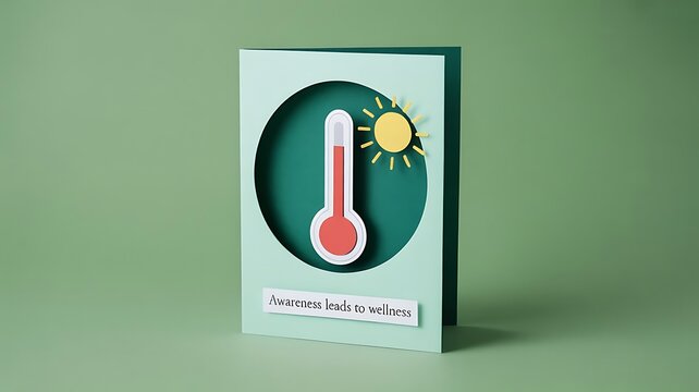 Minimalist paper craft greeting card featuring thermometer and sun in green tones