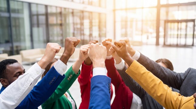 Diverse business team showing unity with raised fists