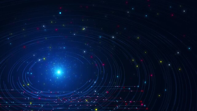 Concentric lines curve light source points and circuit paths flow below. Futuristic data processing, communications, network systems, innovation, astronomy, software, immersive visual projects.