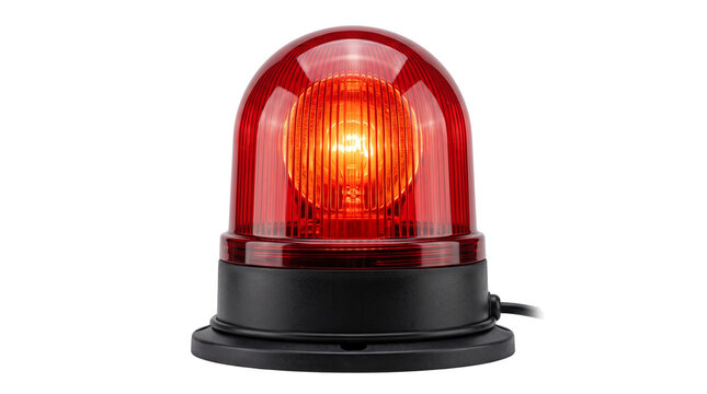 Red emergency siren light on white background, glowing police flasher beacon, warning signal lamp for security and safety alerts