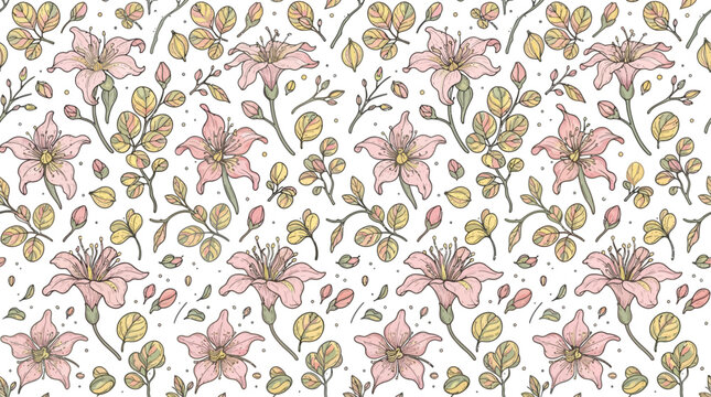 blooming flowers and leaves seamless vector pattern in muted colors