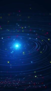 Radiant vortex spins through circular trails particles shine deep navy background. motion for technology intros, cosmic scenes, music visuals, energy concepts, science presentations, digital events.