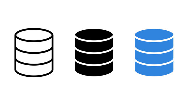 Vector database icon set featuring outline, black, and blue styles for data storage designs