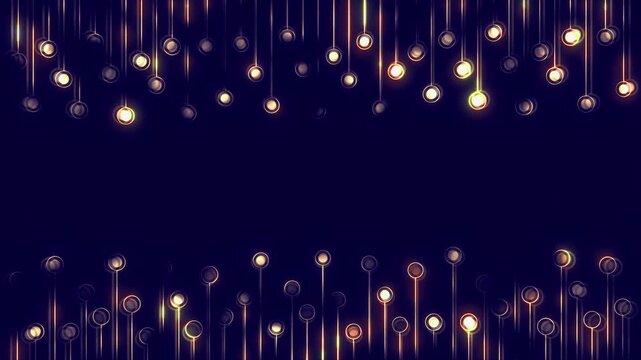 Luminous circular ornaments golden streaks refined frame over a deep navy backdrop. Motion Christmas, New Year, gala announcements, premium branding, romantic messages, party invitation, presentations