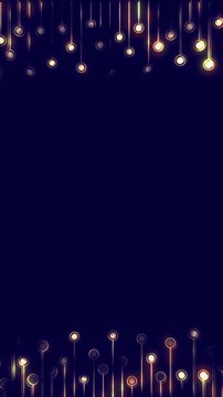 Warm golden hanging lights glow dark blue background, copy space center. Elegant motion design for holiday greetings, award titles, wedding invitations, luxury promotions, festive events, celebrations