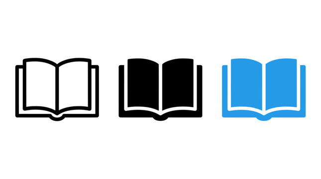 Set of open book encyclopedia simple vector icons in outline solid and color styles