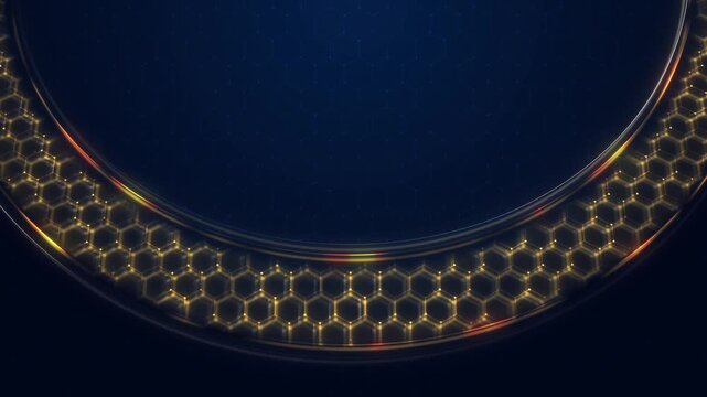Futuristic honeycomb texture blends curved borders, warm highlights, central copy area. innovation, modern technology, business branding, sports graphics, research, medicine, premium presentations