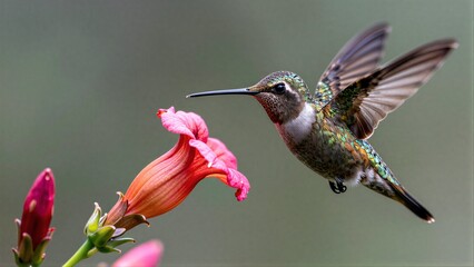 Obraz premium Two hummingbirds hover near a pink flower, wings blurred in motion.