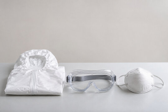 Protective Goggles Mask and Folded Coverall with Copy Space