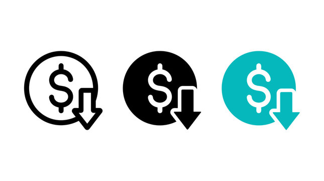 Set of vector finance icons featuring a downward arrow on a dollar currency coin symbol