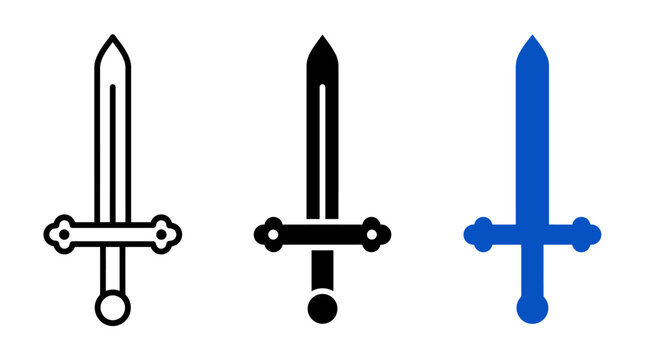 Set of Three Sword Vector Icons Featuring Outline Solid and Bold Graphic Design Elements