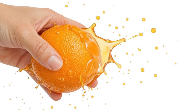 Close-up of hand pressing orange to create dynamic juice splash against bright transparent background.