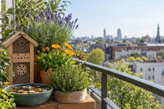 Urban balcony pollinator habitat with bee hotel and flowers