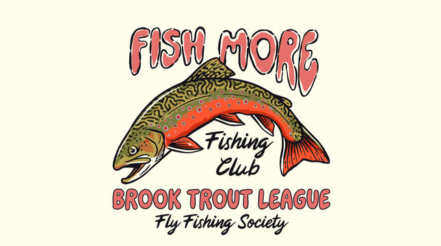 Vintage Outdoor Brook Trout Jumping with Fishing Club Typography, Retro Vector Illustration for T-shirt Design and Angling Branding