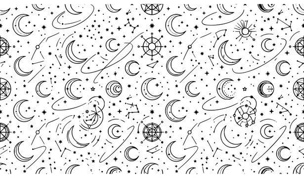 Seamless celestial pattern with crescent moons and starry constellations crescent moon starry night space background night sky doodle space cosmic design