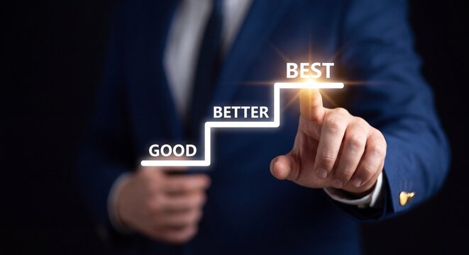 Businessman touching a digital graphic showing a progression from good to better to best with staircase graphic representing representing steps improvement