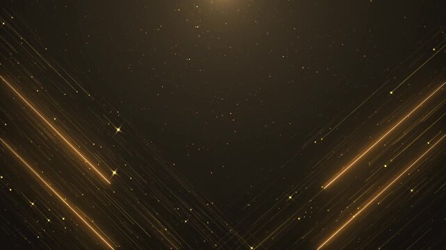 Warm gold beams, sparkling points, luminous trails angular frame copy space. Cinematic abstract advertising, event openers, wedding title, fashion promotions, business showcases, elegant announcement.