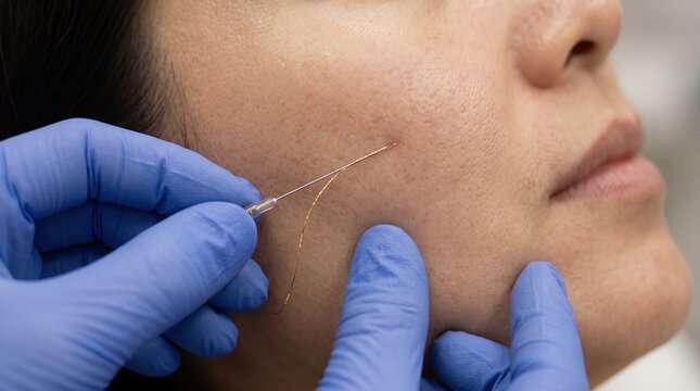 PDO Thread Lift Procedure Inserted into Facial Cheek Skin with Needle